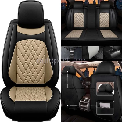 For Lincoln Car Seat Cover 5Seat Full Set Deluxe Leather Front&Rear Black&Beige - Image 1 of 4