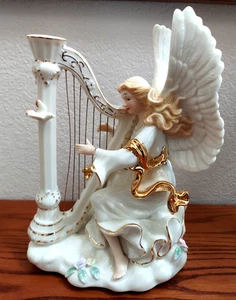 White Angel Figurine Playing Harp With Gold Trim w/ Music Box 11 X 7 inches - Picture 1 of 9