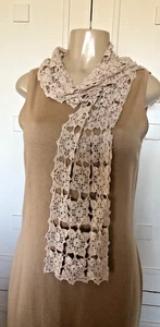 Bohemian beige scarf/wrap  with delicate Crochet lace 56"X 11" - Picture 1 of 3