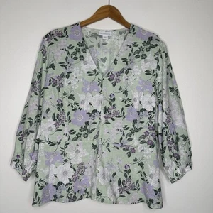 Liz Claiborne Peplum Blouse Womens Size PXL Green Floral Button up Cotton Blend - Picture 1 of 9