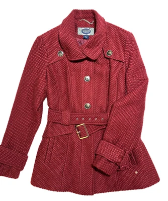 Abrigo chaqueta Green Envy para mujer mezcla de lana rojo vino bolsillos con cinturón talla grande Foto 1 de 4