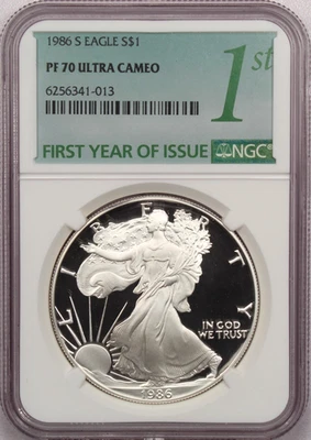 1986-S Proof Silver Eagle ASE $1, NGC PF70 UCAM, 1st Year of Issue Label - Image 1 of 2