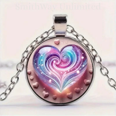 Pink Swirl Fantasy Love Heart Design Round Glass Pendant Necklace Foto 1 de 4