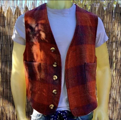 Vintage Men's Vest Wool Blend Buffalo Check Shadow Box Orange - Image 1 of 4