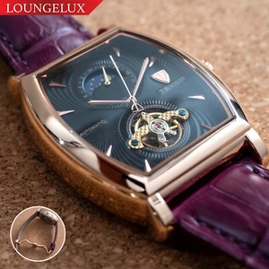 Mens Rose Gold Moon Phase Automatic Mechanical Watch Purple Leather 24HR Dial - Picture 1 of 12