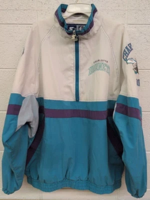 Jaqueta Pulôver Vintage Anos 90 Starter NBA Masculina Charlotte Hornets 1/4 Zíper Tamanho XL - Imagem 1 de 4