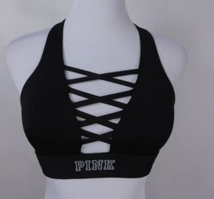 Victorias Secret Pink Black Crisscross Sports Bra XS Light Support Racerback - Picture 1 of 8