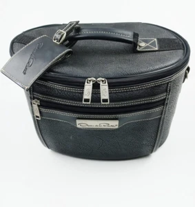 Vintage OSCAR DE LA RENTA Leather Cosmetic Full Zip Logo  Travel Case Oval Shape - Picture 1 of 9