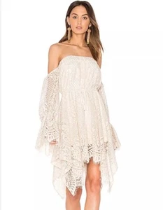 SHONA JOY Dress Size AU 8 / US 4 Cream Off Shoulder Lace Long Sleeve Fairy - Picture 1 of 7