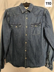 H&M Logg Mens Western Pearl Snap Long Sleeve Blue Denim Jean Shirt Size M - Picture 1 of 11