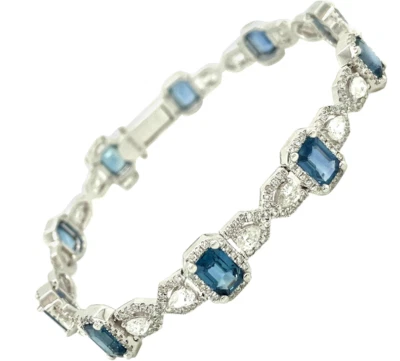 Pulseras de tenis de lujo de diamantes y zafiros de corte esmeralda azul de Ceilán Foto 1 de 4