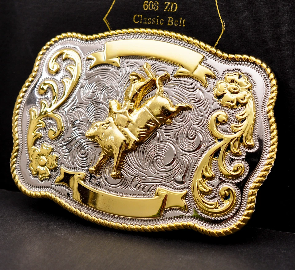ROCK BULL RIDE RODEO LONG HUGE RODEO BIG COWBOY TEXAS WESTERN SHINE BELT BUCKLE - Image 1 of 4