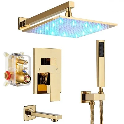 Gold Shower Faucet Set System Led 12" Rainfall Head Combo 3 Function Mixer Valve - Image 1 of 4
