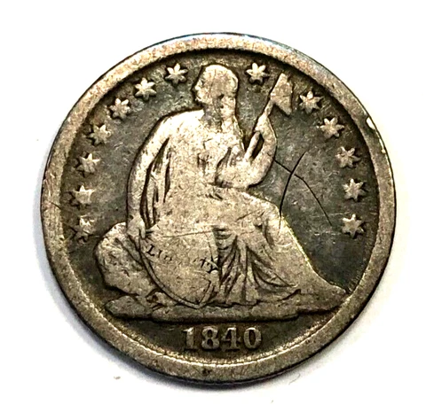 1840 O Small O Seated Liberty Silver Dime VG Very Good Details - Damaged Cover