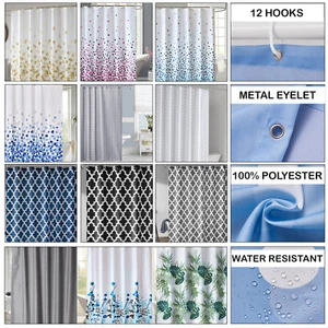 Printed Shower Curtain With Free Hooks New Hydrophobic Fabric Bathroom Curtain - Picture 1 of 192
