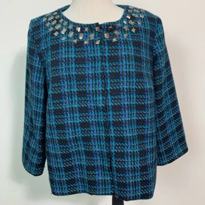 Chaqueta de noche para mujer Notations multicolor azul a cuadros adornada a presión tweed L Foto 1 de 4