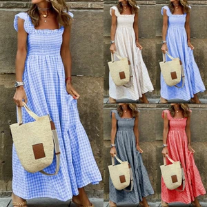 Damen Kariert Ärmellos Maxikleid Freizeitkleid A-Linie Sommerkleid Urlaubkleid - Bild 1 von 26