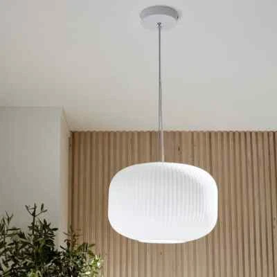 INSPIRE BELLUNA Lampadario Moderno  bianco paralume  E27 Ø35cm vetro e acciaio - Immagine 1 di 4