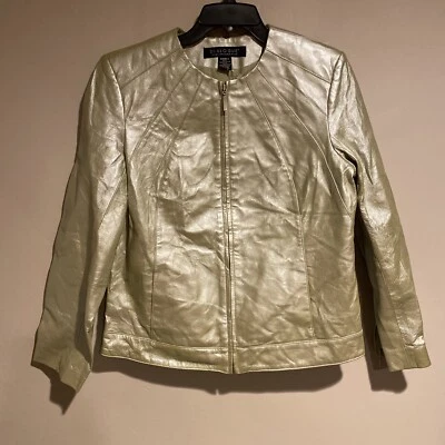 Chaqueta de Cuero Diálogo Verde Brillante Metálica Moto Bolsillos Cremallera Completa Talla Pequeña Usada en Excelente Condición Foto 1 de 4