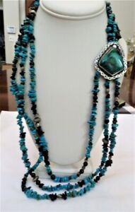 NAVAJO SIGNED BB STERLING SILVER 3-STRAND TURQUOISE BEAD CENTERPIECE NECKLACE
