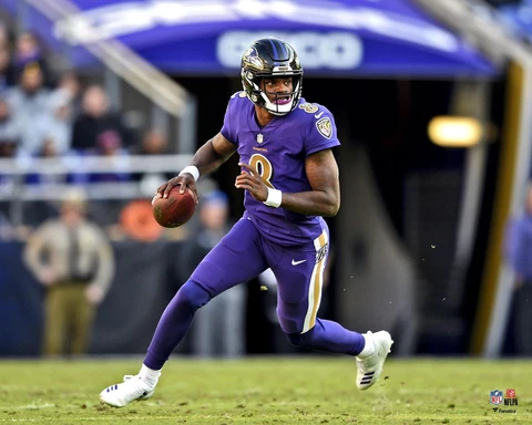 Lamar Jackson Baltimore Ravens Unsigned Purple Jersey Scrambling Photo Cover