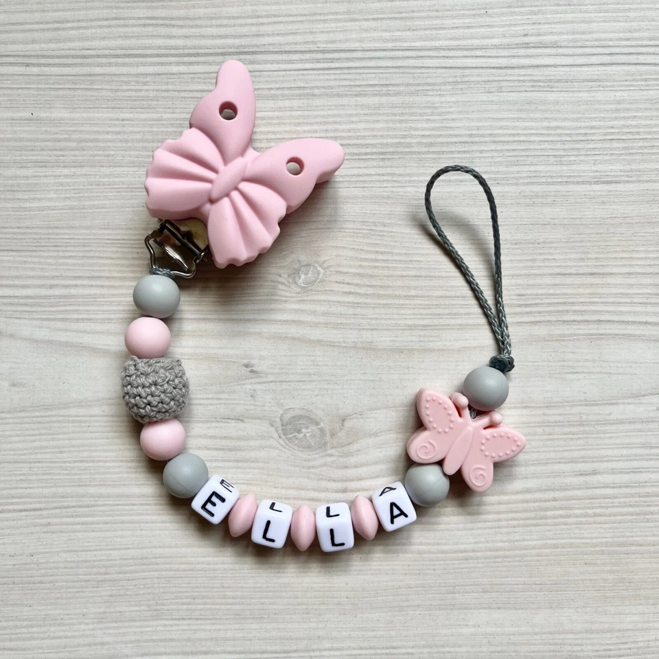 Schnullerkette Schnullerband Nuckelkette mit Namen Mädchen Silikon rosa grau  - Bild 1 von 1