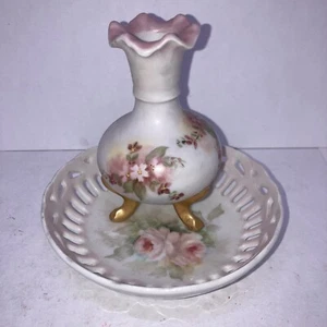 Vintage Hand Painted Floral Gold Gilt 3 Foot Porcelain Perfume Bottle With Tray - Picture 1 of 7