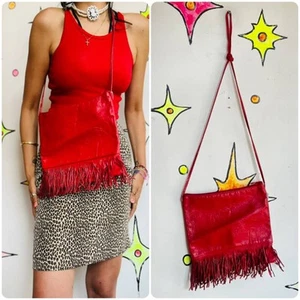 Vintage Red Leather Fringe Crossbody Bag – Western Rock ‘n’ Roll Glam – 80s/90s - Picture 1 of 4