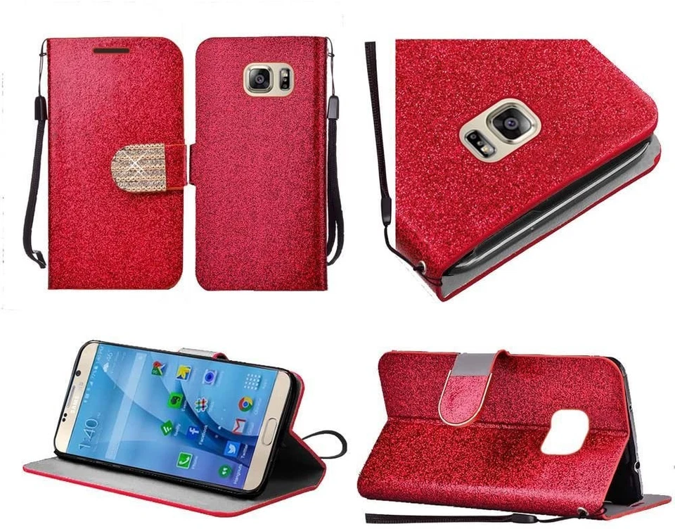 GSA Glitter Bling Belt Flip Wallet Case For Samsung Galaxy S7 - Red - Image 1 of 1