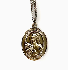 Vintage Sterling Silver Saint Theresa Medal/Pendant and Necklace, 18" Long - Picture 1 of 10