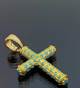18K Gold Filled Stunning Italian Turquoise 18ct GF Cross Pendant 25mm - Picture 1 of 11