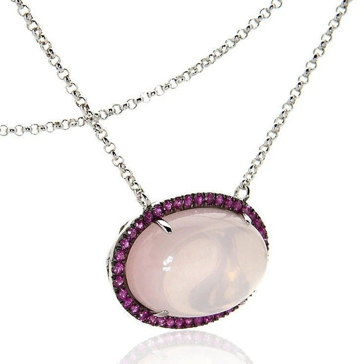 女士天然粉红色蓝宝石椭圆形凸圆形玫瑰石英纯银项链 — 第 1/1 张图片