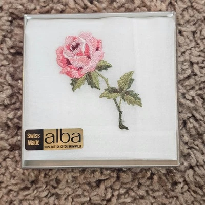 Vintage Alba Swiss Handkerchief Pink Rose Embroidery 11x11 100% Cotton NWT - Image 1 of 4