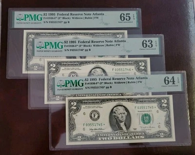 Consecutively Lot Of 3 US 2$ Dollars 1995 PMG 63EPQ-65 EPQ UNC Star FRN Atlanta  - Image 1 of 3