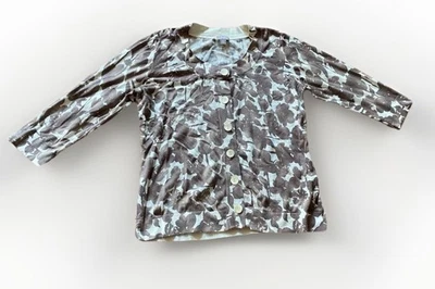 J Jill Cardigan 毛衣 M P 棕色奶油色花卉 3/4 袖丝绸羊绒纽扣 — 第 1/4 张图片