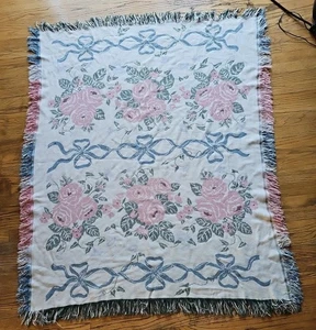 Vintage Crown Crafts Floral Cotton Bed Sofa Fringed Throw Blanket 45in X 55in - Picture 1 of 12