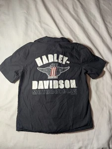 HARLEY DAVIDSON Youth Size 8/10 Black Button Up Shirt American Flag 1 - Picture 1 of 9
