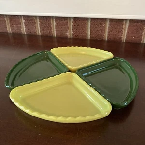 Vintage MCM Milk Glass 4 Piece Triangle Dish Set Painted Fired On Green Yellow - Picture 1 of 10