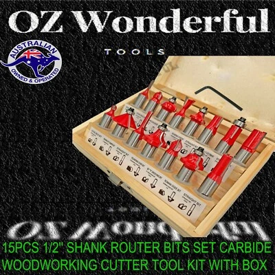 15Pcs 1/2'' Shank Router Bits Set Carbide Woodworking Cutter Tool Kit with Box - image 1 of 4