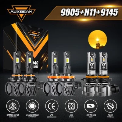 AUXBEAM 9005+H11+9145/H10 LED Headlight+Fog Bulbs Combo 6500K/3000K Bright 6PCS - Image 1 of 4