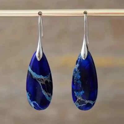 Droplet Imperial Stone Decor Dangle Earrings Bohemian Elegant Women Blue Fashion - Image 1 of 2