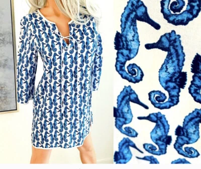 Túnica de encubrimiento con estampado Seahorse azul marino/blanco de Mud Pie, S pequeña, nuevo con etiquetas vestido con cordones Foto 1 de 4