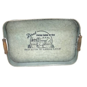 Old Galvanized Advertising Metal Tray Farm To Table Fresh Butter Wood Handle - Bild 1 von 12