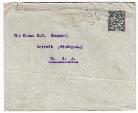 Egypt 1919 French PO in Egypt neat cover to USA franked 25c Alexandria, light Cover