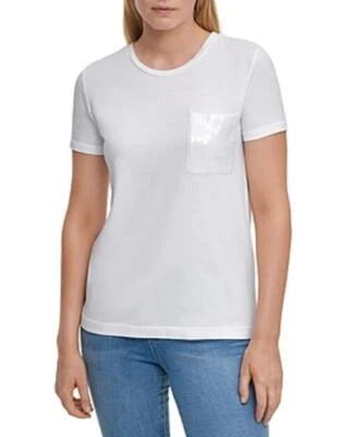 Precio de venta sugerido por el fabricante $49 Camiseta Dkny manga corta lentejuelas bolsillo blanca talla pequeña (manchada) Foto 1 de 4