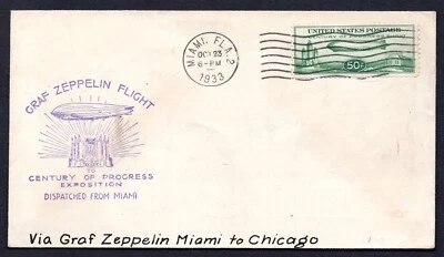 US 1933 ZEPPELIN 50c STAMP TIED MIAMI, FLORIDA CENTURY OF PROGRESS FLIGHT SEAL - Image 1 of 2