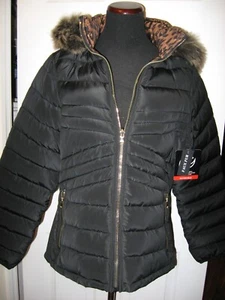 Nordic,Reversible Puffer Jacket,Black/Leopard Fur Hood Coat,Zippers,L - Picture 1 of 19