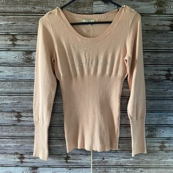 Guess Women's 'Juniors Long-Sleeved Sweater Size M Pink Ribbed Embellished NWT - Image 1 of 4