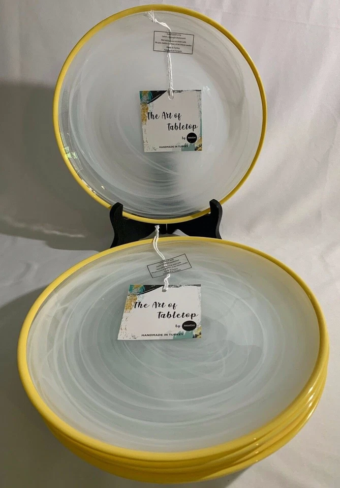 Set of 5 Turkish WHITE SWIRL GLASS SALAD PLATES w/Yellow Trim, 8 1/4" - NEW - Image 1 of 4
