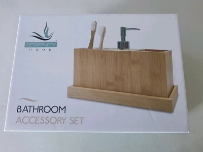 Juego de accesorios de baño Serenity Home-bandeja de bambú, dispensador de jabón, cepillo de dientes, etc. Foto 1 de 4